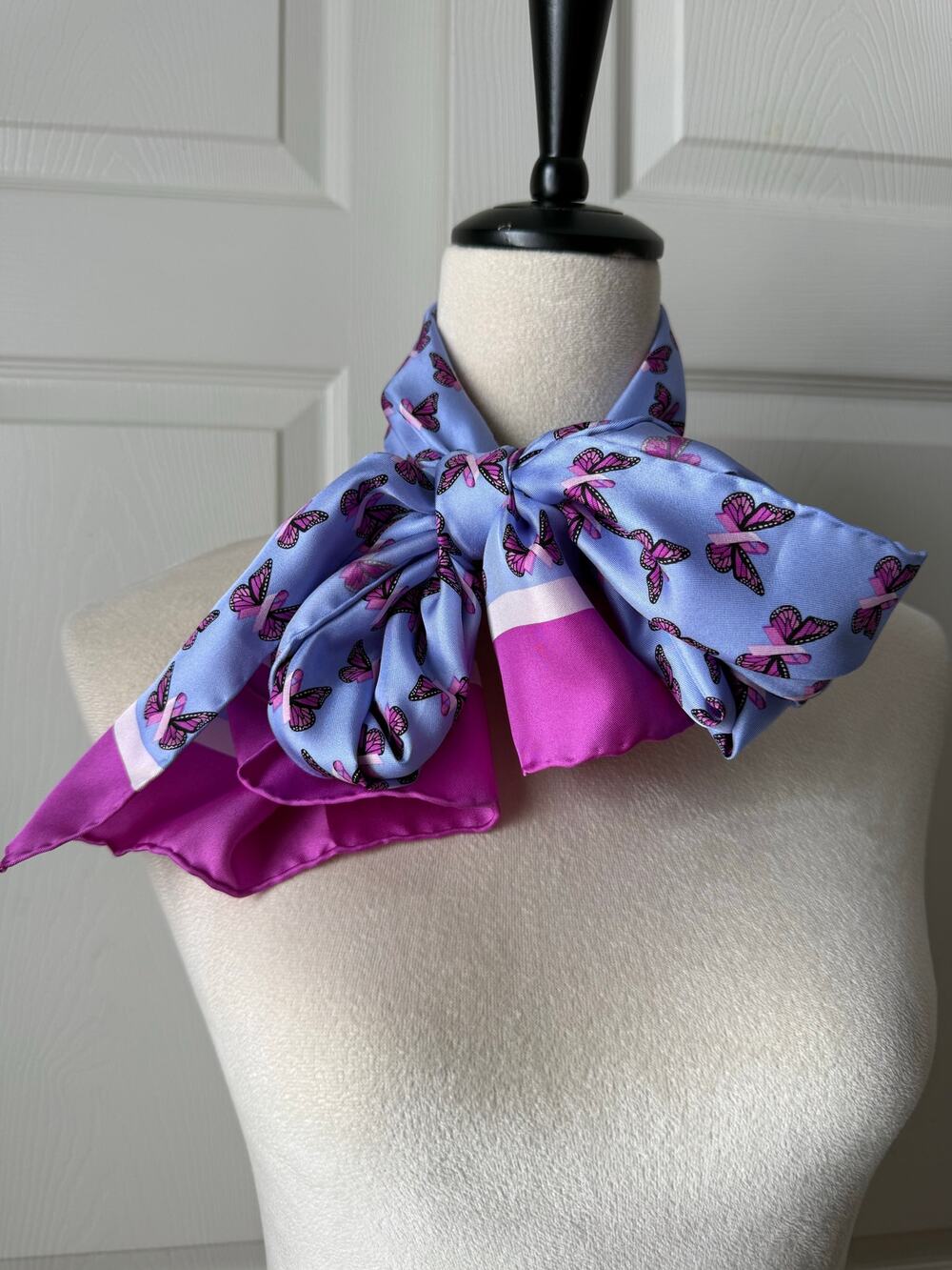 Butterfly Breast Cancer Awareness Scarf 100% Silk‎ Blue Pink Hand Rolled Custom